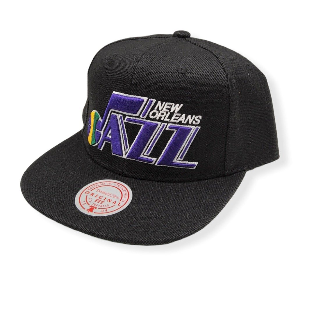 Mitchell & Ness New Orleans Jazz Core Basic Script Hardwood Classics Black Adjustable Snapback Hat Cap