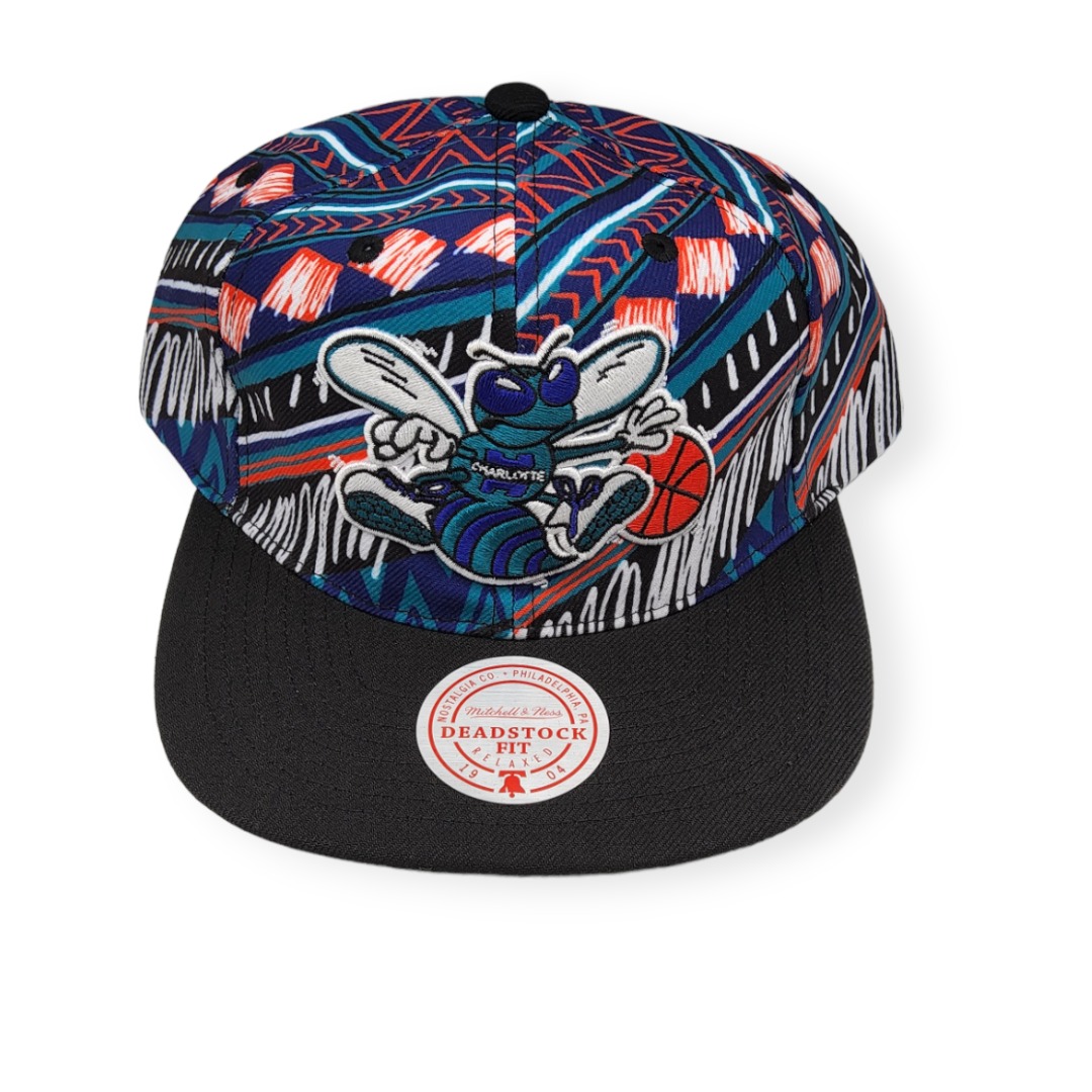 Mitchell & Ness Charlotte Hornets Game Day Pattern Deadstock Black Adjustable Snapback Hat Cap