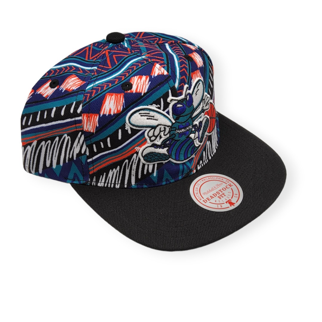Mitchell & Ness Charlotte Hornets Game Day Pattern Deadstock Black Adjustable Snapback Hat Cap