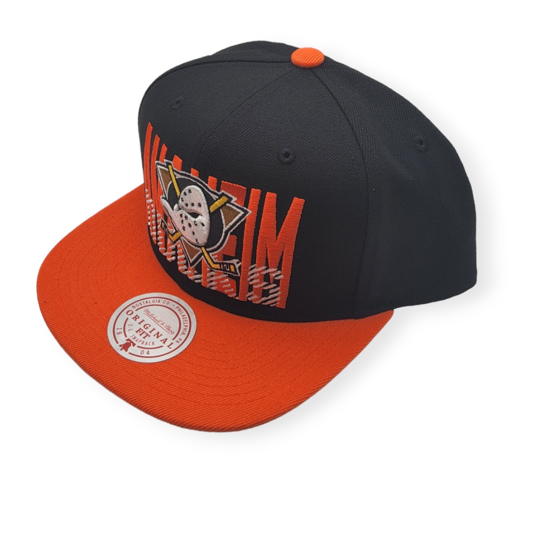 Mitchell & Ness Anaheim Ducks Cross Check Black/Orange Adjustable Snapback Hat Cap