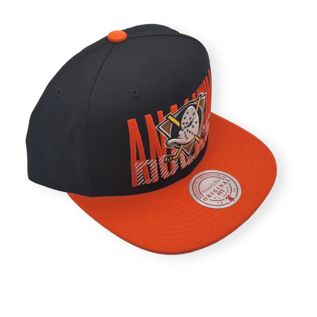 Mitchell & Ness Anaheim Ducks Cross Check Black/Orange Adjustable Snapback Hat Cap