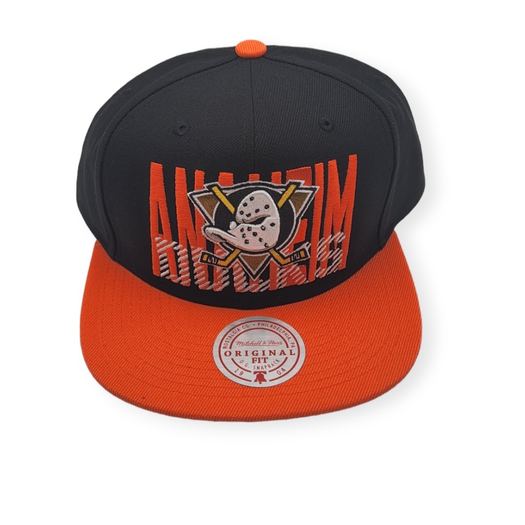 Mitchell & Ness Anaheim Ducks Cross Check Black/Orange Adjustable Snapback Hat Cap