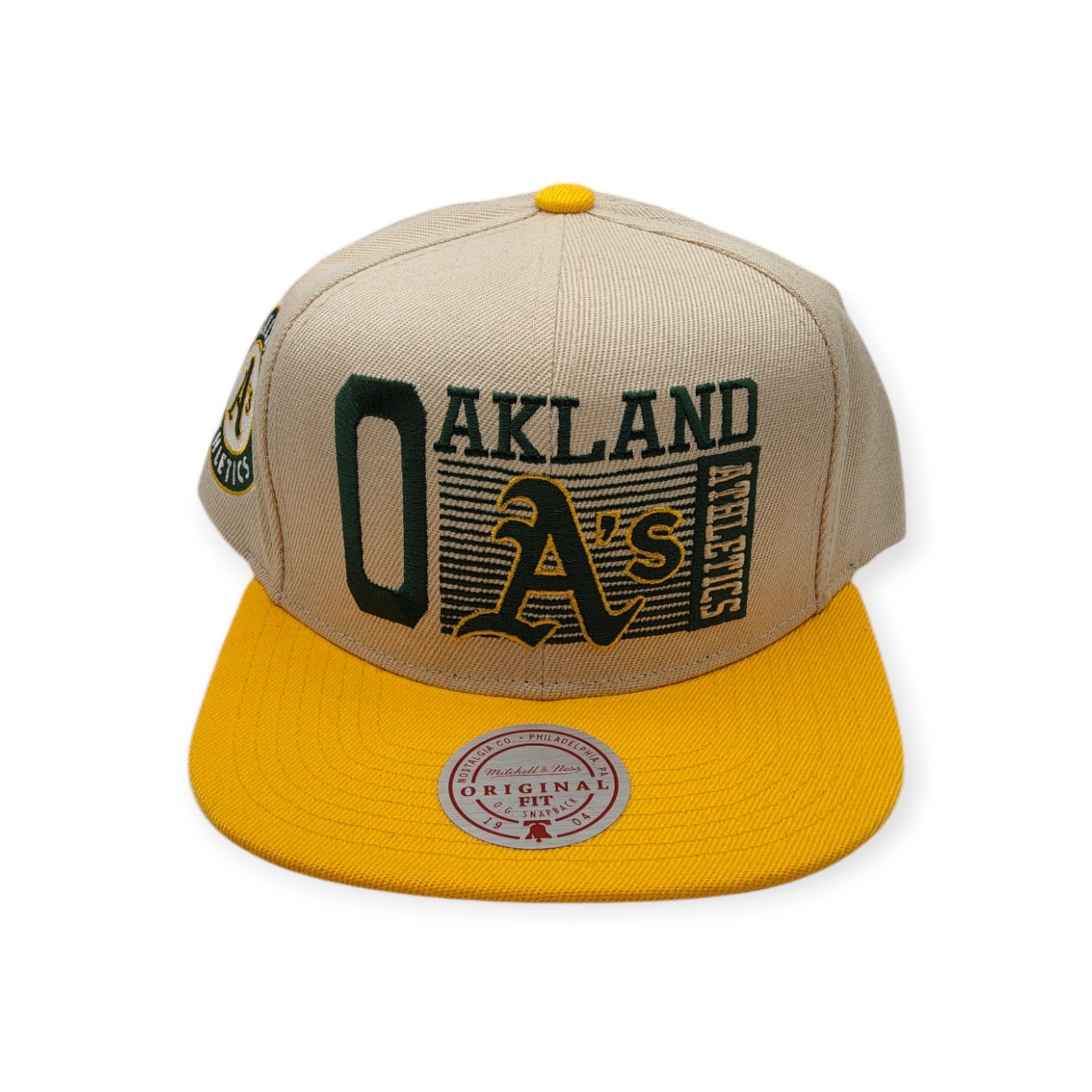 Mitchell & Ness Oakland Athletics Speed Zone Off White/Yellow Adjustable Snapback Hat Cap