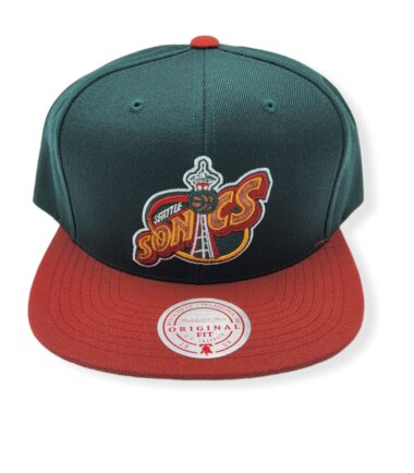 Mitchell & Ness Seattle Supersonics Wool 2 Tone Hardwood Classics Dark Green/Red Adjustable Snapback Hat Cap