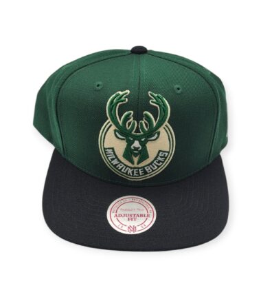 Mitchell & Ness Milwaukee Bucks XL Logo 2 Tone Green/Black Side Logo Adjustable Snapback Hat Cap