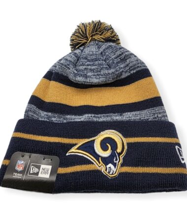 New Era Los Angeles Rams Authentic Striped Cuff Pom On Field Sport Knit Beanie Cold Weather Hat